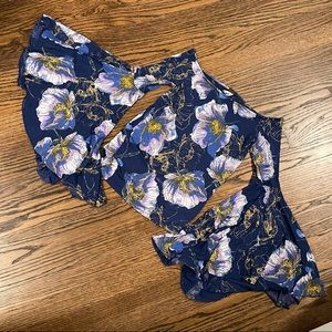 Free People Birds of Paradise Bell-Sleeve Boho Top in Blue Floral Extra Small XS
